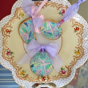 Bundle Of 3 Decoupaged Shell Ornaments Original Decor Blue Pink Lavender